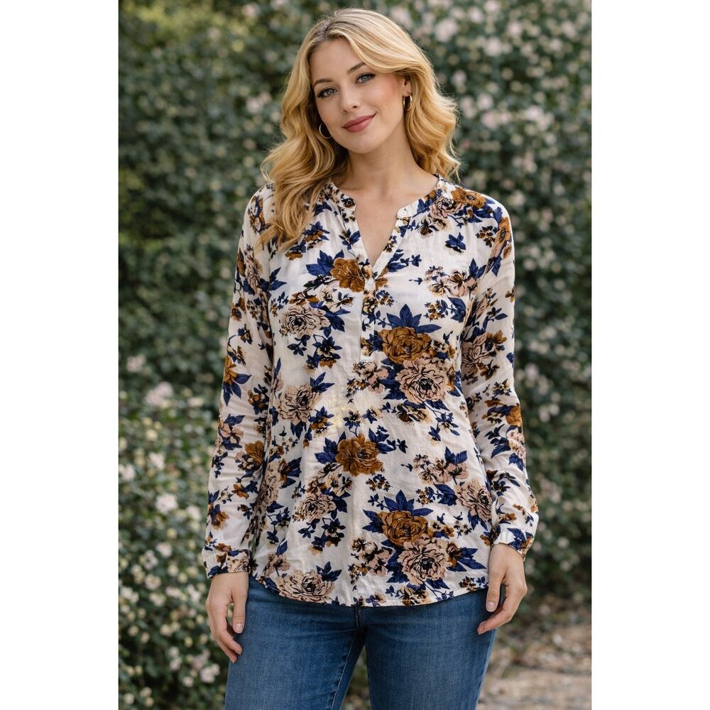 Floral Work Blouse V-Neck Office Career Ivory Brown